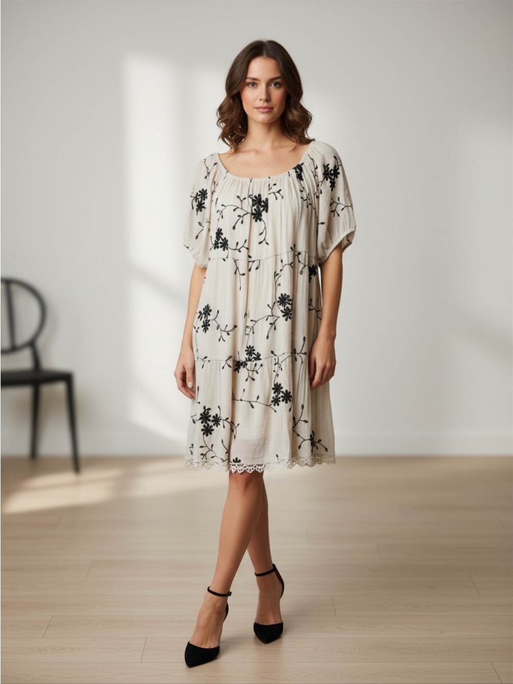 Cream Floral Embroidered Scoop-Neck Tiered Dress